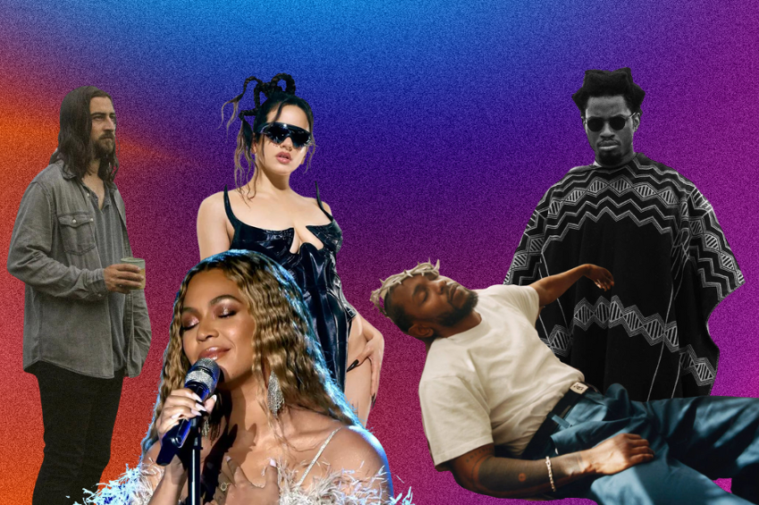 A collage of Noah Kahan, Beyonce, Rosalia, Kendrick Lamar, and Denzel Curry with a background featuring orange, blue, and purple tones blending together