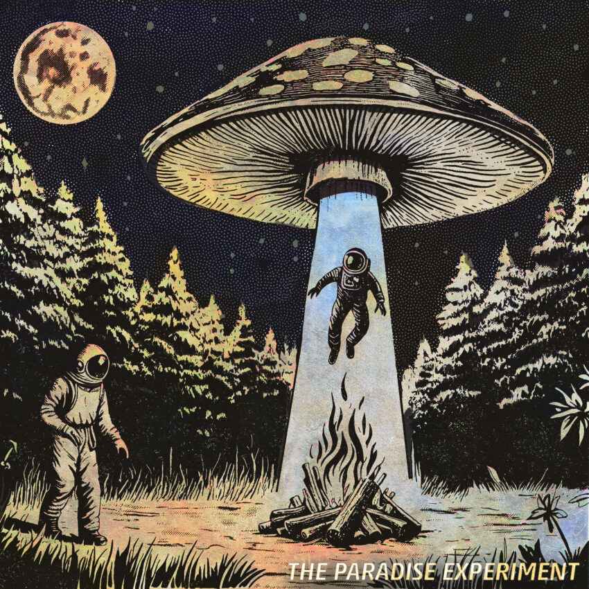 The album’s cover photo featuring two astronauts, one being beamed into a mushroom-shaped UFO above a fire pit, while the other watches on.